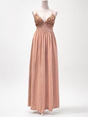 Privy Tan Taupe Maxi Dress Boho Formal V-Neck Flowy Evening Wedding Guest Size M